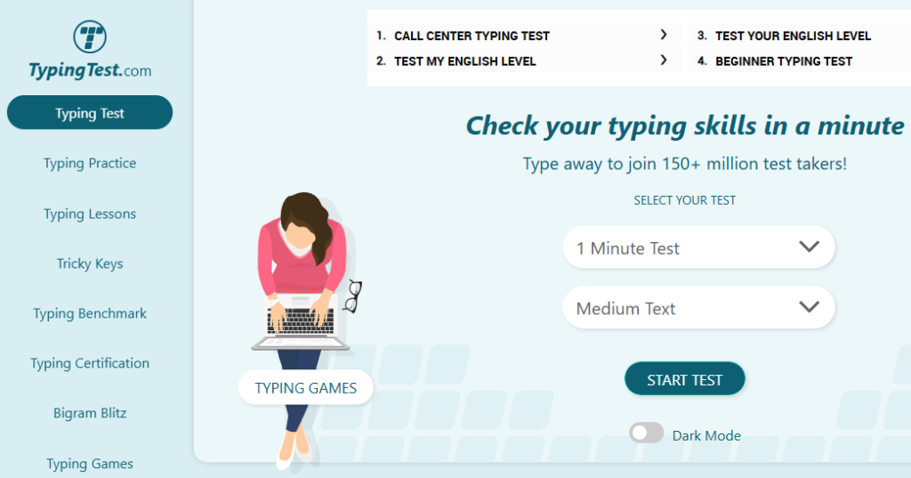 واجهة موقع TypingTest لقياس سرعة الكتابة على الكيبورد