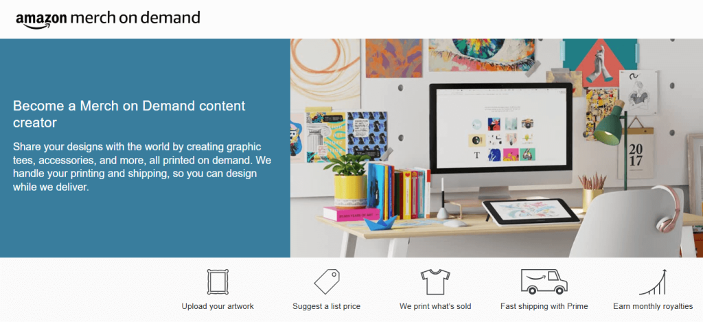 صورة تعريفية بخدمة أمازون للطباعة عند الطلب (Merch on Demand)، توضح خطوات العمل الخمس: رفع التصميم، تحديد السعر، طباعة المبيعات، الشحن السريع، واستلام الأرباح الشهرية.