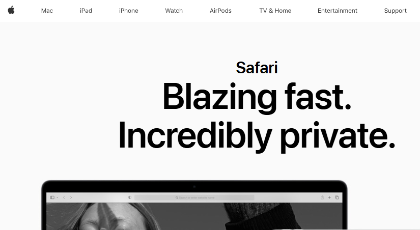 لقطة شاشة من موقع Apple الرسمي لمتصفح Safari، تُبرز رسالته الرئيسية "سريع بشكل مذهل. خاص بشكل لا يصدق."، مما يؤكد على أدائه العالي وتركيزه على الخصوصية.