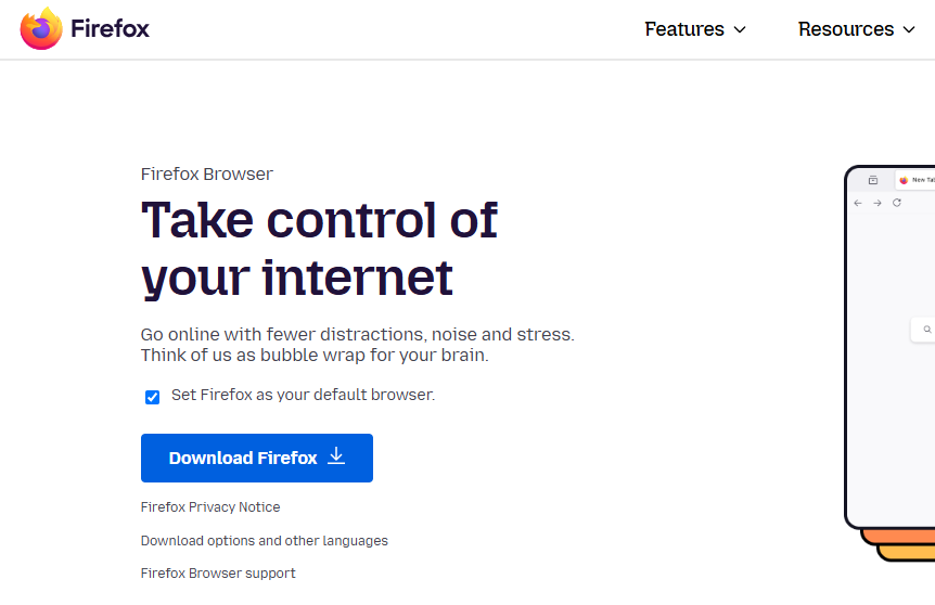 لقطة شاشة لصفحة تحميل متصفح فايرفوكس، تعرض رسالته التي تركز على الخصوصية: "تحكم في الإنترنت الخاص بك" (Take control of your internet)، مع زر لتحميل المتصفح