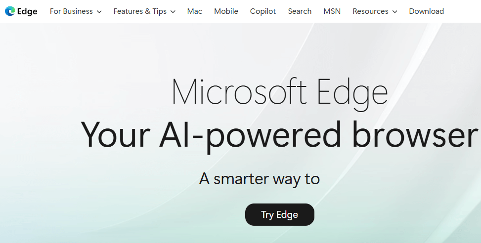 لقطة شاشة للصفحة الرئيسية لمتصفح Microsoft Edge، تبرز هويته كـ "متصفحك المدعوم بالذكاء الاصطناعي" (Your AI-powered browser) مع زر لتجربة المتصفح.