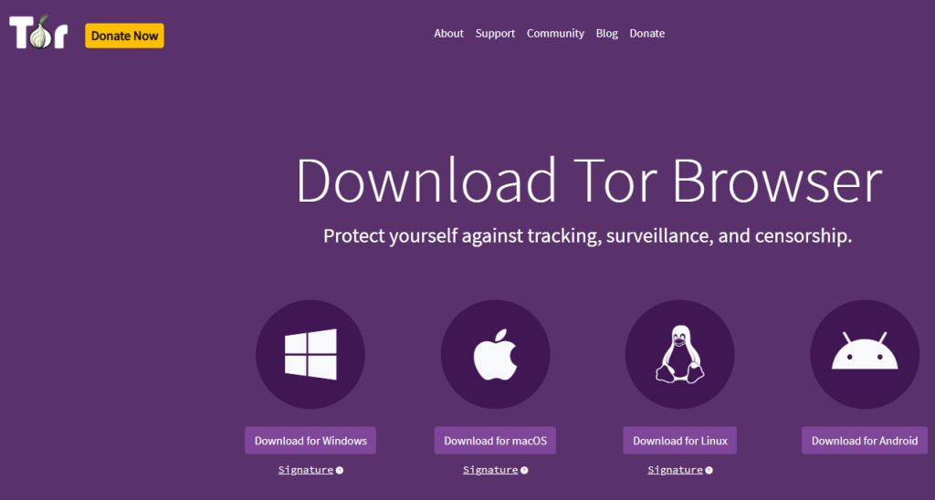 لقطة شاشة لصفحة تحميل متصفح Tor الرسمي، مع رسالته الواضحة للحماية ضد التعقب والمراقبة والرقابة، وتوفر روابط التحميل لأنظمة ويندوز وماك ولينكس وأندرويد.