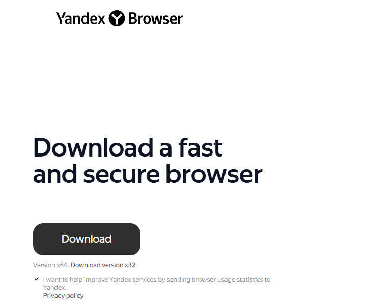 لقطة شاشة لصفحة التحميل الخاصة بمتصفح Yandex، والتي تدعو المستخدم لتحميل "متصفح سريع وآمن"، مع زر التحميل.