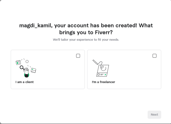 الخطوة الخامسة لإنشاء حساب فايفر: شاشة اختيار الهدف الأولي من الحساب، إما عميل أو مستقل.