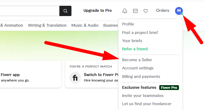 الخطوة الأولى لضبط حساب البائع: قائمة منسدلة تظهر بعد الضغط على أيقونة الملف الشخصي، مع سهم يشير إلى خيار 'Become a Seller'.