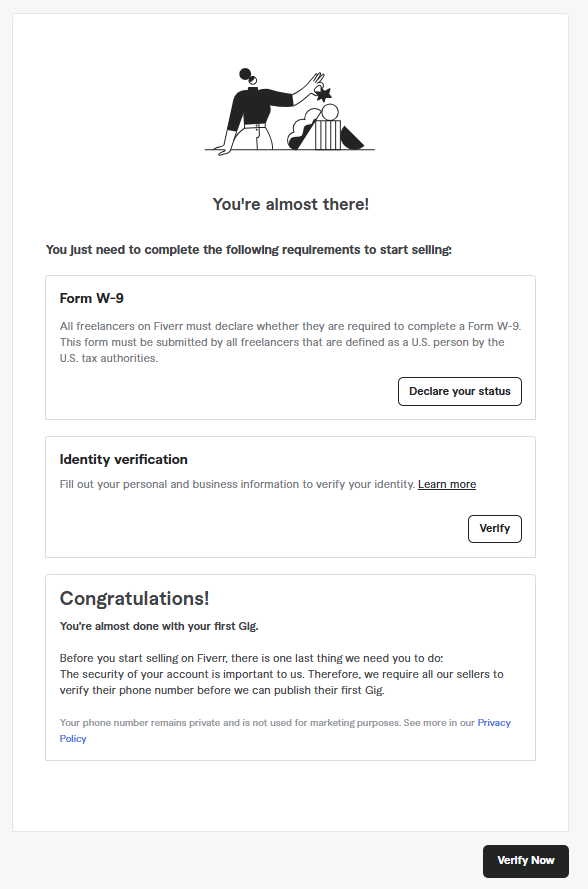 الخطوة السادسة والأخيرة لإنشاء خدمة فايفر: شاشة التحقق النهائي، وتطلب إتمام نموذج W-9، تأكيد الهوية، وتفعيل رقم الهاتف قبل النشر.