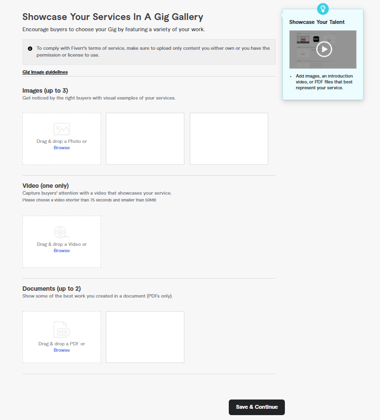 الخطوة الخامسة لإنشاء خدمة فايفر (Gallery): شاشة رفع الصور والفيديو والمستندات (PDF) الخاصة بمعرض الخدمة.