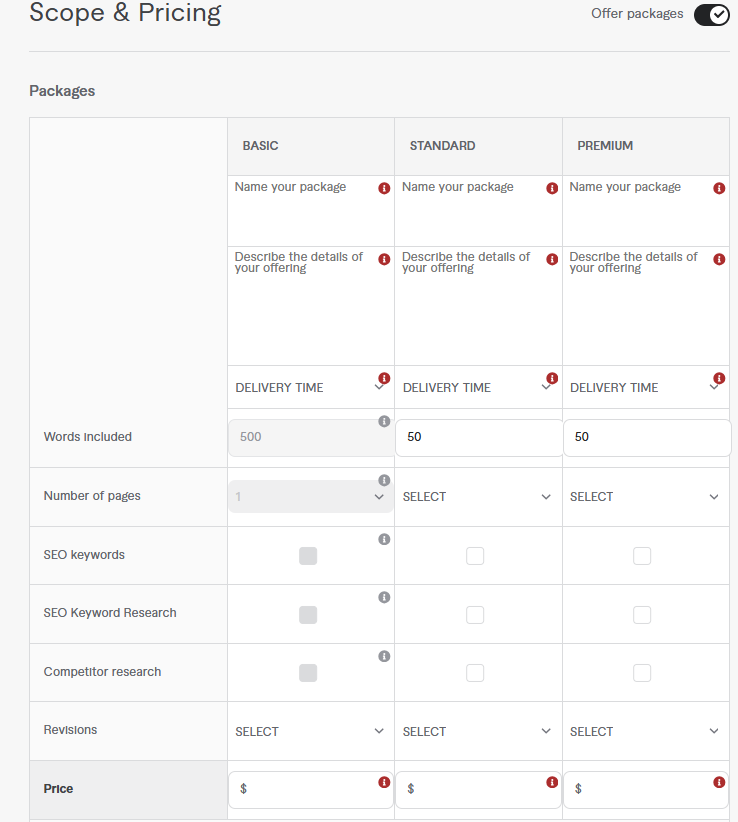 الخطوة الثانية لإنشاء خدمة فايفر: جدول تسعير الباقات الثلاث (الأساسية، العادية، المميزة) مع تحديد السعر ووقت التسليم.