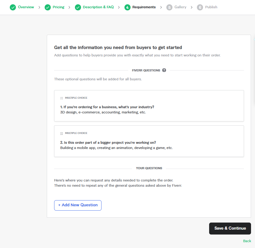 الخطوة الرابعة لإنشاء خدمة فايفر (Requirements): شاشة إضافة أسئلة إلزامية للمشتري للحصول على متطلبات بدء العمل.