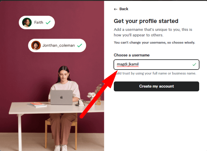 الخطوة الثالثة للتسجيل في فايفر: شاشة اختيار اسم المستخدم (Username)، مع توضيح أنه لا يمكن تغييره لاحقاً.