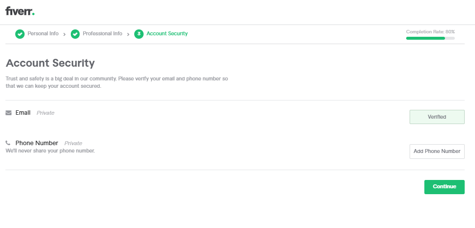 الخطوة الخامسة لإعداد بائع فايفر: شاشة تأمين الحساب، تطلب إضافة رقم الهاتف (اختياري في هذه المرحلة).
