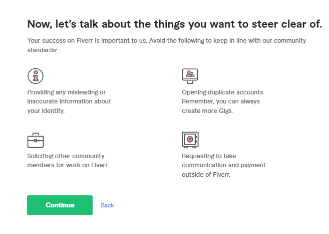 محظورات وقواعد مجتمع فايفر: شاشة توضح 4 أمور يجب تجنبها، مثل الحسابات المكررة والدفع خارج المنصة.