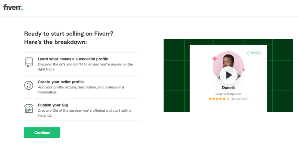 الخطوة الثانية في إعداد حساب بائع فايفر: شاشة توجيهية توضح 3 مراحل (التعلم، إنشاء الملف، نشر الخدمة) وفيديو إرشادي سريع.