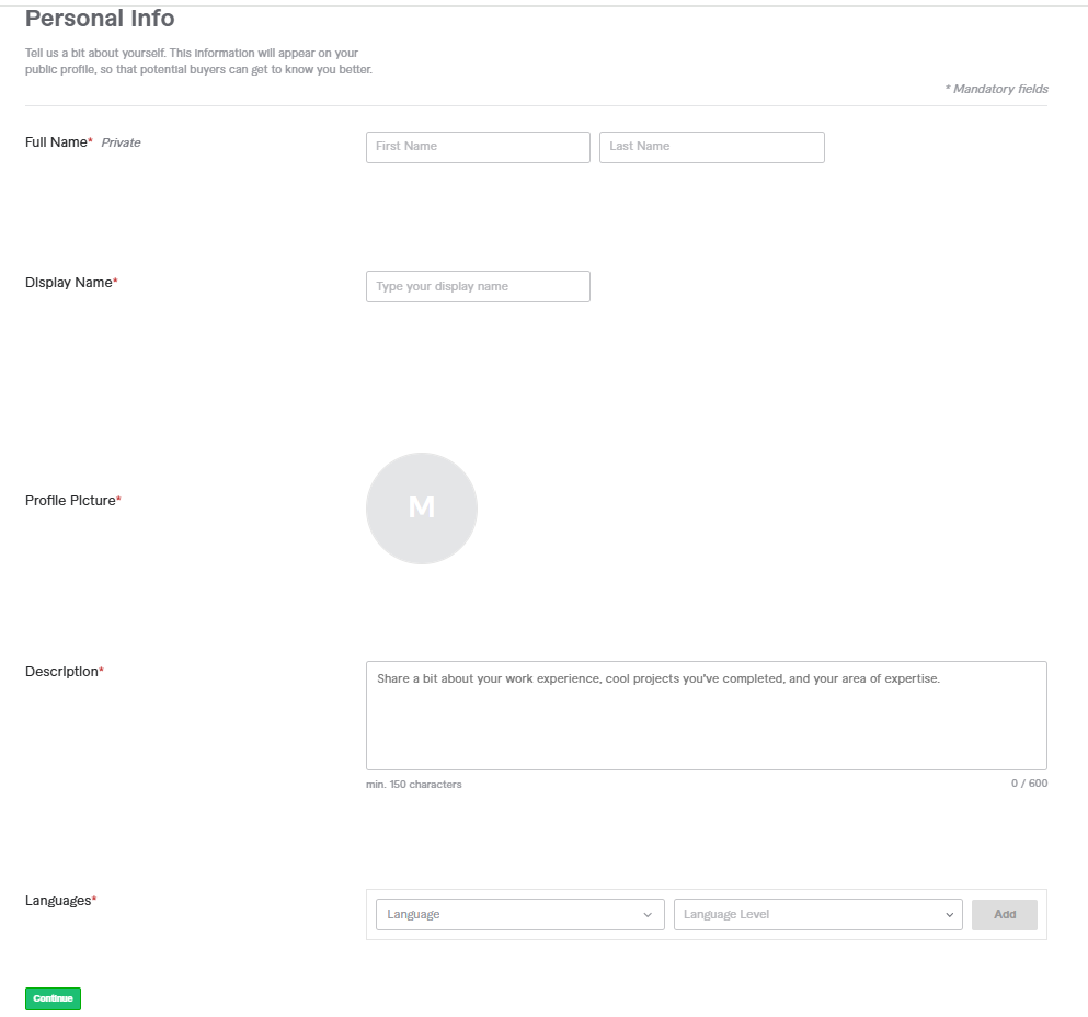 الخطوة الثالثة لإعداد بائع فايفر: شاشة إدخال البيانات الشخصية، وتشمل الاسم، اسم العرض، الصورة الشخصية، الوصف، واللغات.