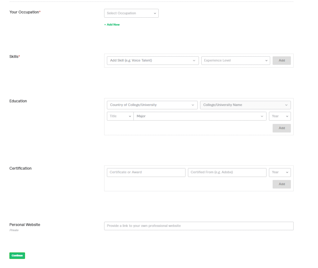 الخطوة الرابعة لإعداد بائع فايفر: شاشة إدخال البيانات الاحترافية، وتشمل المهنة، المهارات، التعليم، الشهادات، والموقع الشخصي.