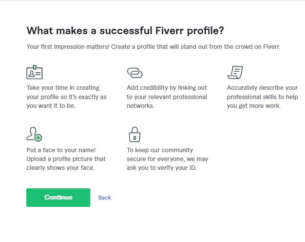 نصائح إعداد حساب بائع فايفر: شاشة توضح 5 نصائح هامة للملف الشخصي الناجح، مثل إضافة صورة واضحة وتأكيد الهوية.
